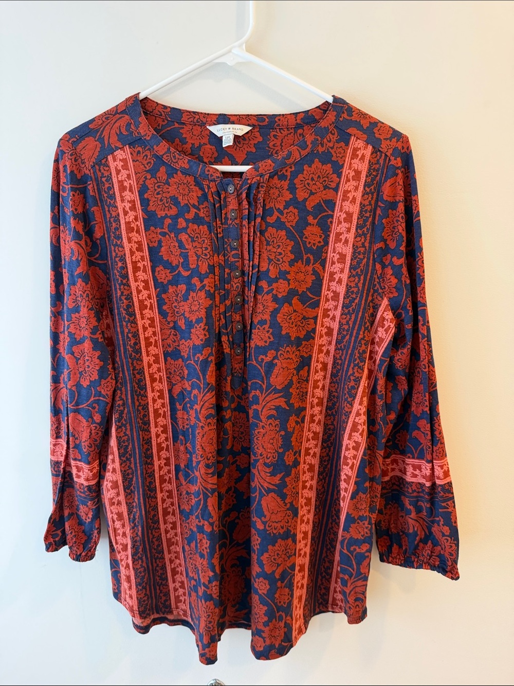 Lucky Brand Navy and Rust Floral Border Tunic